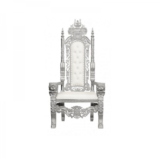 King David 60 Inches - Armless Lion Throne Chair - Silver and White